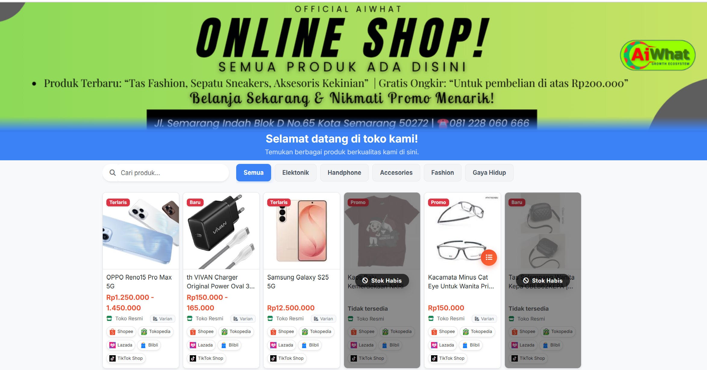 Tampilan AiWhat Toko Online